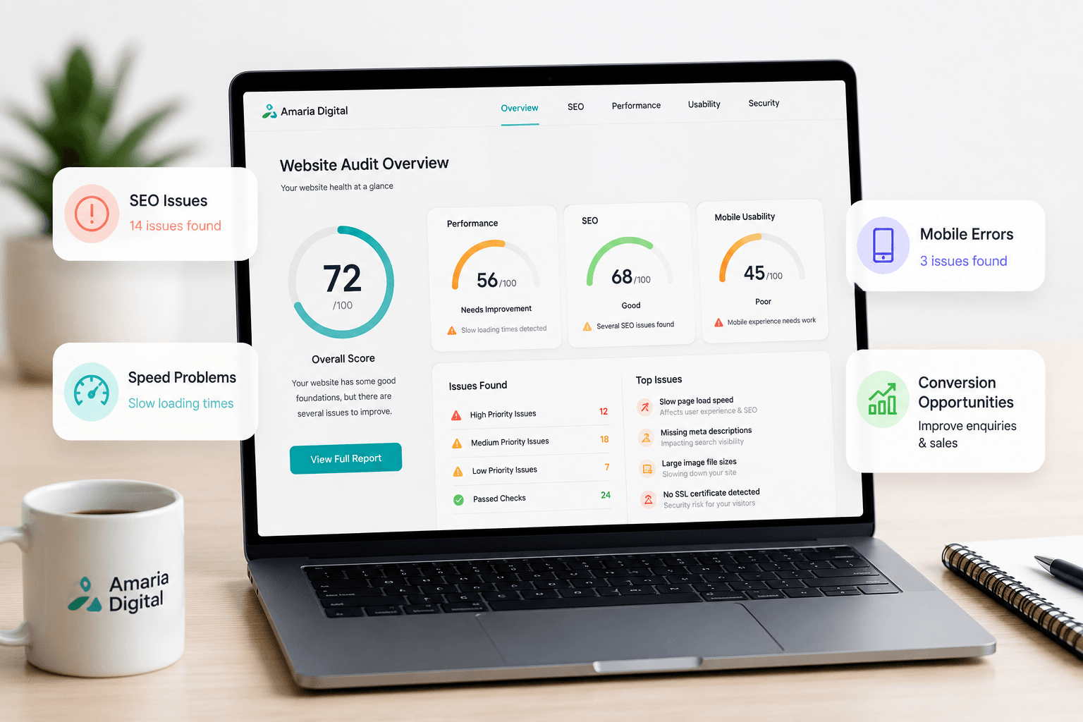 Website audit dashboard by Amaria Digital
